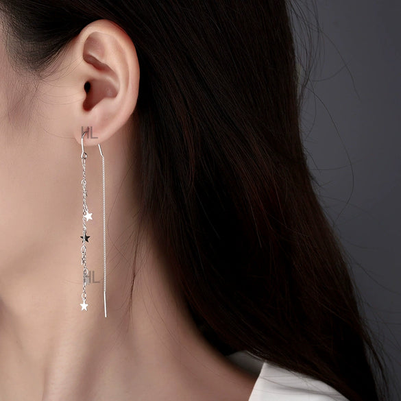 S925 Sterling Silver Star Tassel Threader Earrings For Women Personality Style Five Point Star Meteor Ear Line Earrings