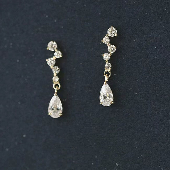S925 Sterling Silver Stud Earrings For Women Plated 14K Gold Inlaid Zircon Water Drop Tassel Light Luxury