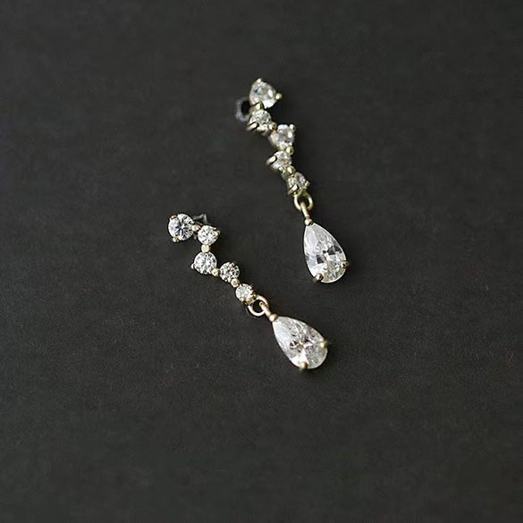 S925 Sterling Silver Stud Earrings For Women Plated 14K Gold Inlaid Zircon Water Drop Tassel Light Luxury