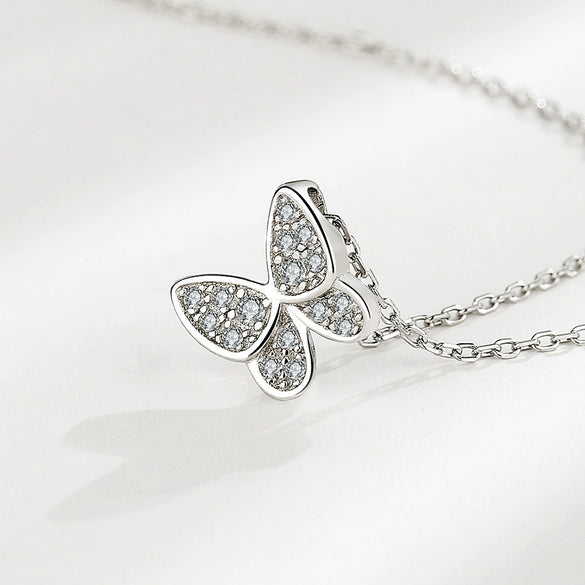 S925 Sterling Silver Sweet Elegant Butterfly Geometric Necklace With Micro Inlaid Zircon Pendant For Women Gift Jewelry