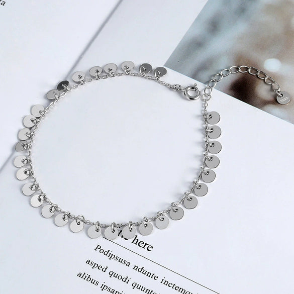 S925 Sterling Silver Tassel Anklet For Women Sweet Elegant Geometric Round Sequin Chain Ankle Jewelry