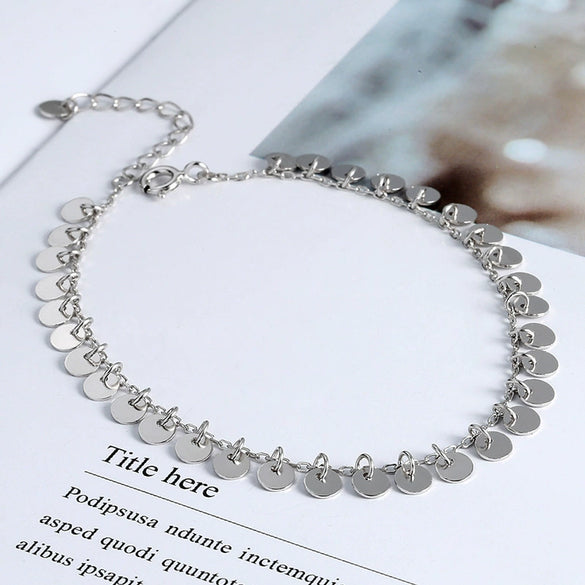 S925 Sterling Silver Tassel Anklet For Women Sweet Elegant Geometric Round Sequin Chain Ankle Jewelry