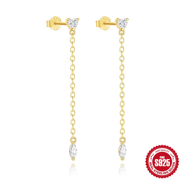 S925 Sterling Silver Tassel Chain Heart Zircon Earrings With Geometric Pattern And Electroplating For Women
