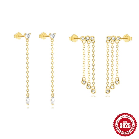 S925 Sterling Silver Tassel Chain Heart Zircon Earrings With Geometric Pattern And Electroplating For Women