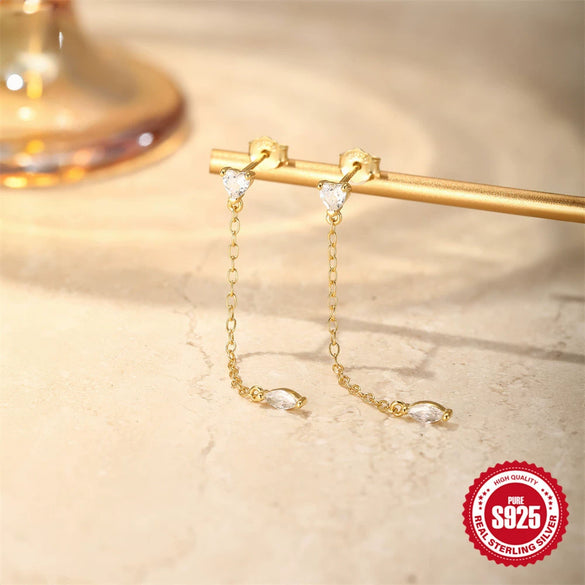S925 Sterling Silver Tassel Chain Heart Zircon Earrings With Geometric Pattern And Electroplating For Women