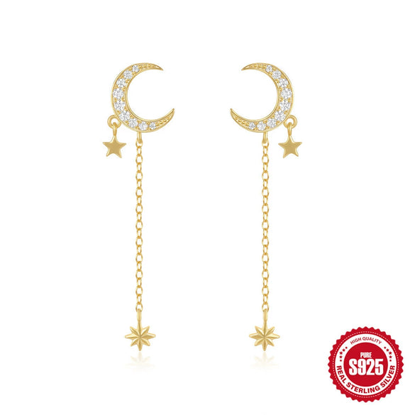 S925 Sterling Silver Tassel Long Bow Star Moon Geometric Earrings For Women Electroplated