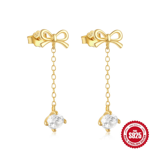 S925 Sterling Silver Tassel Long Bow Star Moon Geometric Earrings For Women Electroplated