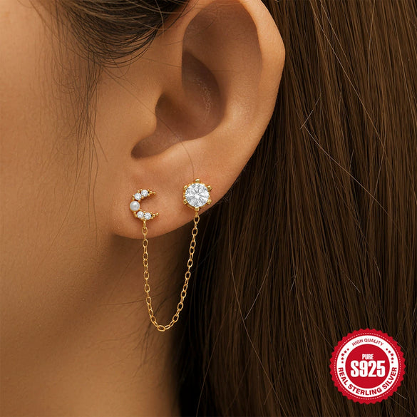 S925 Sterling Silver Tassel Round Ball Earrings With Moon Design Electroplated Geometric Style Women's Accessories