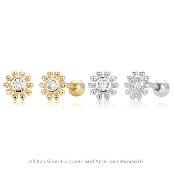 S925 Sterling Silver Threaded Earrings With Sunflower Design And Zircon Inlay Electroplated For Women