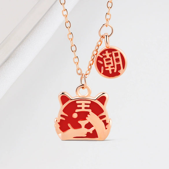 S925 Sterling Silver Tiger Pendant Necklace For Women Red Enamel Geometric Tiger Charm Collarbone Chain With Electroplated Finish