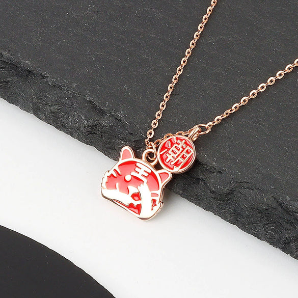 S925 Sterling Silver Tiger Pendant Necklace For Women Red Enamel Geometric Tiger Charm Collarbone Chain With Electroplated Finish
