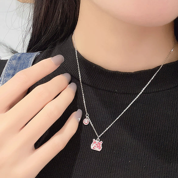 S925 Sterling Silver Tiger Pendant Necklace For Women Red Enamel Geometric Tiger Charm Collarbone Chain With Electroplated Finish