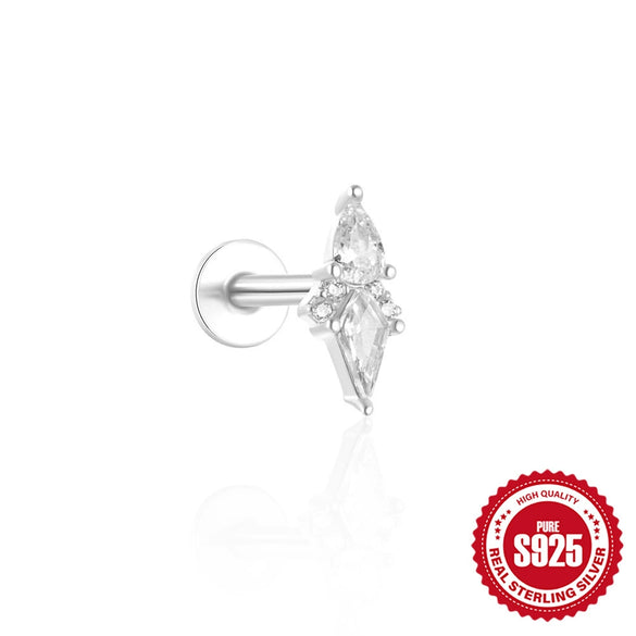 S925 Sterling Silver Triangle Heart Pattern Inlaid Zircon Tassel Cartilage Puncture Earrings Unisex