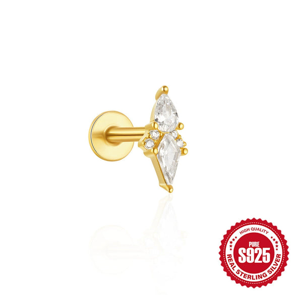 S925 Sterling Silver Triangle Heart Pattern Inlaid Zircon Tassel Cartilage Puncture Earrings Unisex