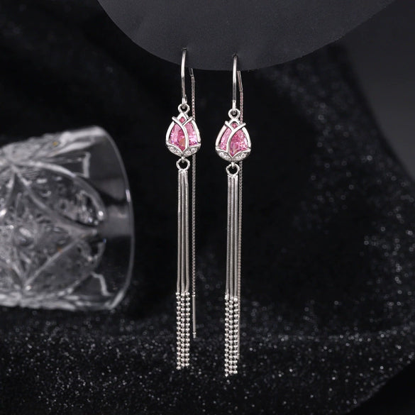 S925 Sterling Silver Tulip Flower Tassel Long Threader Earrings For Women Elegant Light Luxury Floral Dangle Earrings