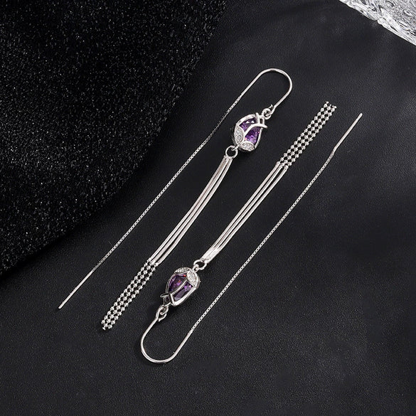 S925 Sterling Silver Tulip Flower Tassel Long Threader Earrings For Women Elegant Light Luxury Floral Dangle Earrings
