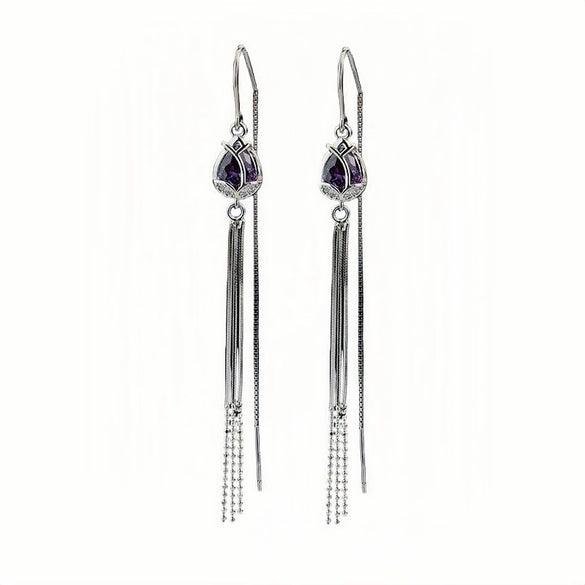 S925 Sterling Silver Tulip Flower Tassel Long Threader Earrings For Women Elegant Light Luxury Floral Dangle Earrings