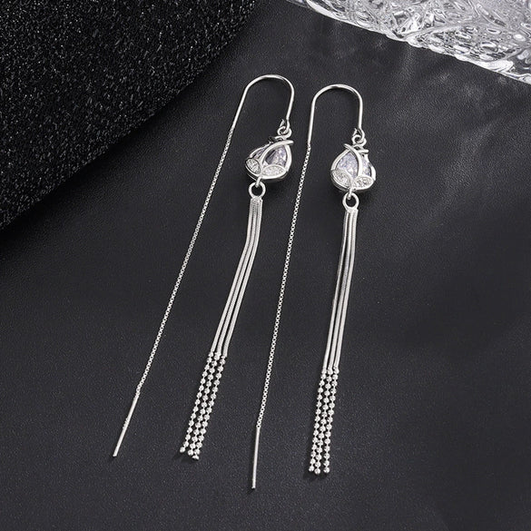 S925 Sterling Silver Tulip Flower Tassel Long Threader Earrings For Women Elegant Light Luxury Floral Dangle Earrings