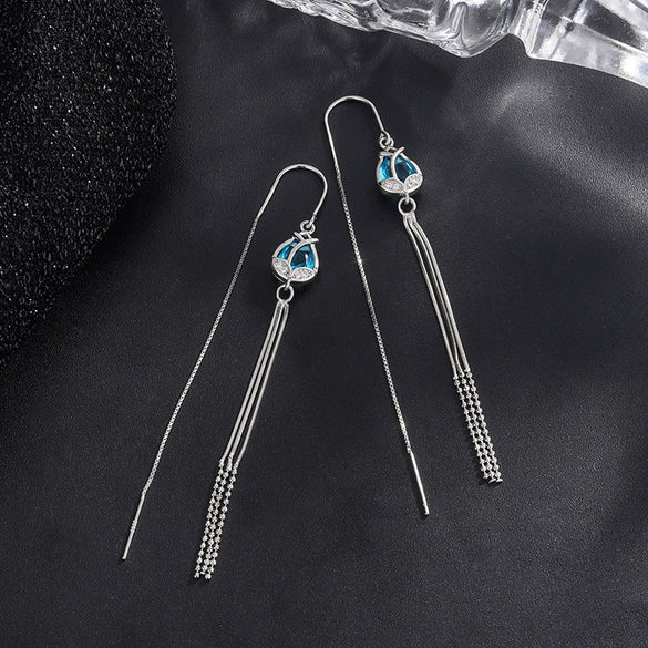 S925 Sterling Silver Tulip Flower Tassel Long Threader Earrings For Women Elegant Light Luxury Floral Dangle Earrings