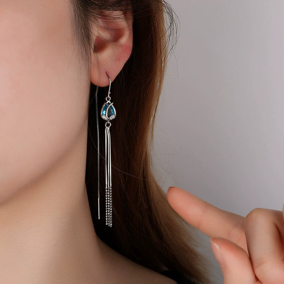 S925 Sterling Silver Tulip Flower Tassel Long Threader Earrings For Women Elegant Light Luxury Floral Dangle Earrings