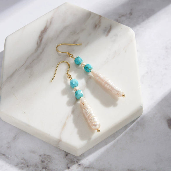 S925 Sterling Silver Turquoise And Natural Freshwater Pearl Earrings With Geometric Style And Tassel Design
