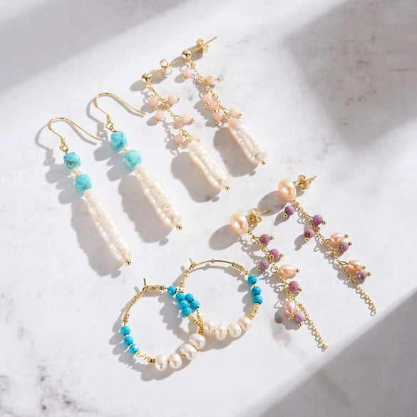 S925 Sterling Silver Turquoise And Natural Freshwater Pearl Earrings With Geometric Style And Tassel Design