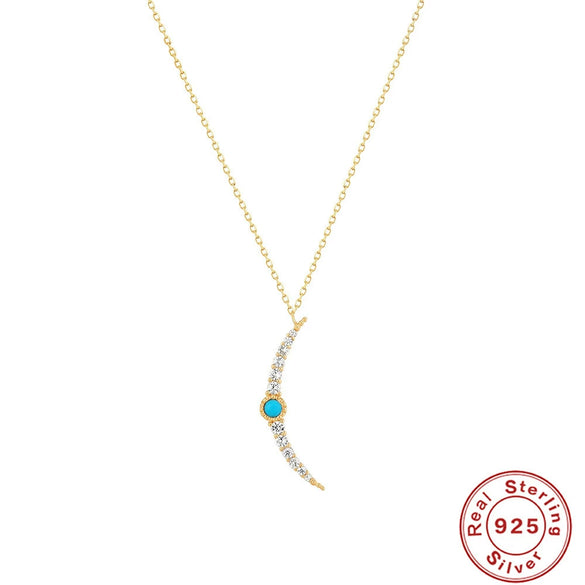 S925 Sterling Silver Turquoise Moon Fan Pendant Ball Chain Necklace With Diamond Design And Geometric Styling