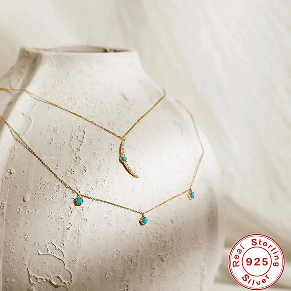 S925 Sterling Silver Turquoise Moon Fan Pendant Ball Chain Necklace With Diamond Design And Geometric Styling