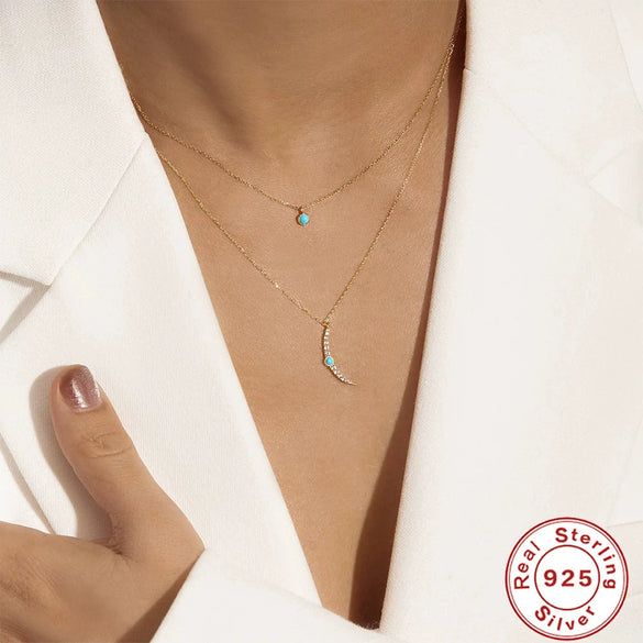 S925 Sterling Silver Turquoise Moon Fan Pendant Ball Chain Necklace With Diamond Design And Geometric Styling
