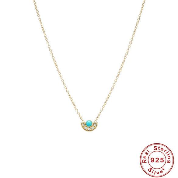 S925 Sterling Silver Turquoise Moon Fan Pendant Ball Chain Necklace With Diamond Design And Geometric Styling