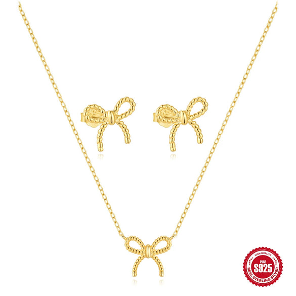 S925 Sterling Silver Twist Bow Geometric Earrings And Necklace With Zirconia Design For Unisex