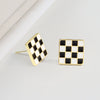 S925 Sterling Silver Vintage Chessboard Plaid Black And White Contrast Geometric Square Enamel Earrings