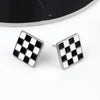 S925 Sterling Silver Vintage Chessboard Plaid Black And White Contrast Geometric Square Enamel Earrings