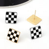 S925 Sterling Silver Vintage Chessboard Plaid Black And White Contrast Geometric Square Enamel Earrings
