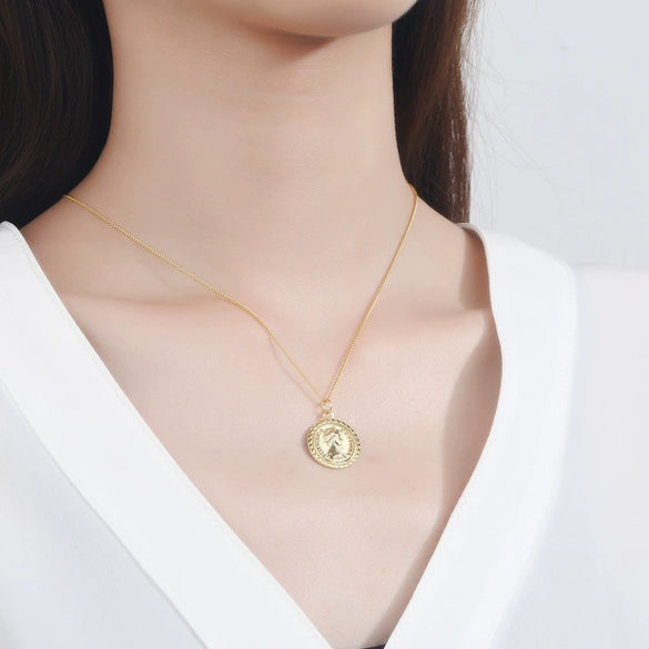 S925 Sterling Silver Vintage Double Sided Coin Pendant Necklace Simple Geometric Electroplated Clavicle Chain For Women