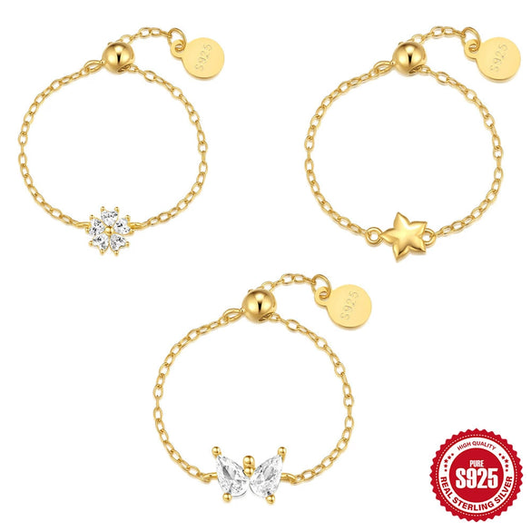 S925 Sterling Silver Water Drop Butterfly Ring With Five Pointed Star Geometric Style Electroplated Adjustable For Women