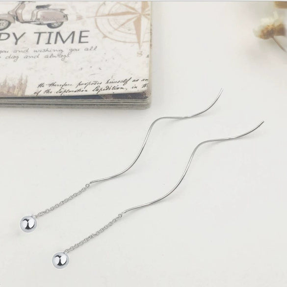 S925 Sterling Silver Wave Ear Line Earrings Simple Geometric Bead Dangle Earrings Elegant Fashion Silver Jewelry