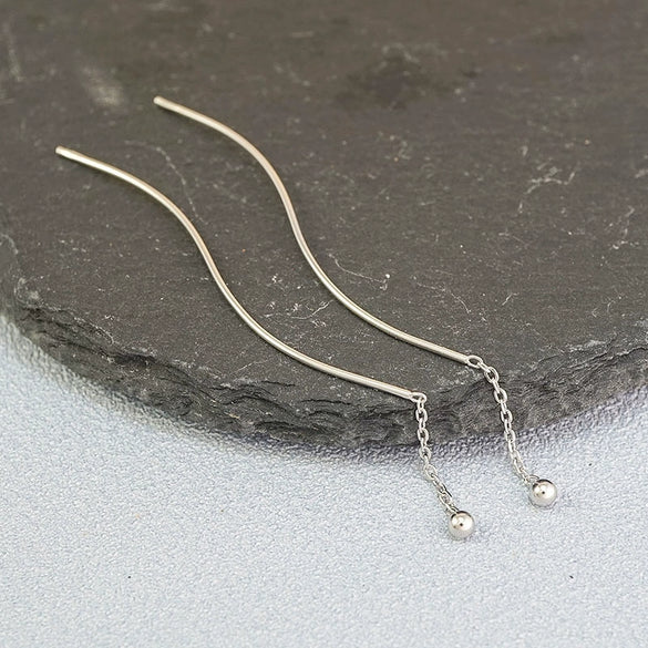 S925 Sterling Silver Wave Ear Line Earrings Simple Geometric Bead Dangle Earrings Elegant Fashion Silver Jewelry