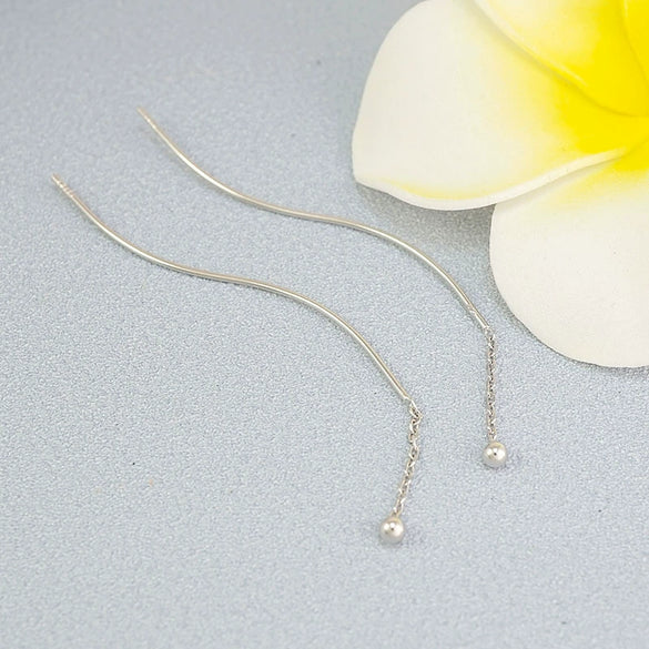 S925 Sterling Silver Wave Ear Line Earrings Simple Geometric Bead Dangle Earrings Elegant Fashion Silver Jewelry