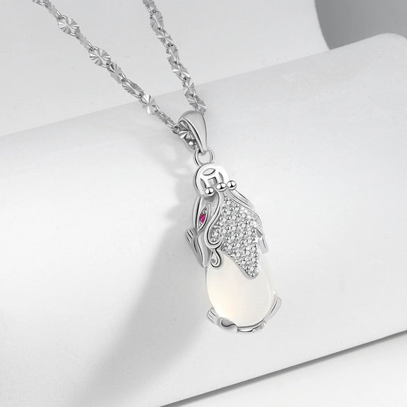 S925 Sterling Silver White Chalcedony Brave Animal Pendant Necklace For Women Simple Fashion Clavicle Chain Electroplated Jewelry Gift
