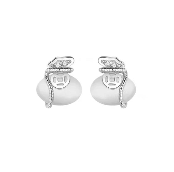 S925 Sterling Silver White Chalcedony Money Bag Stud Earrings For Women Elegant Light Luxury Electroplated Jewelry