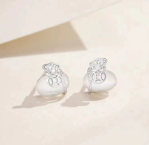 S925 Sterling Silver White Chalcedony Money Bag Stud Earrings For Women Elegant Light Luxury Electroplated Jewelry