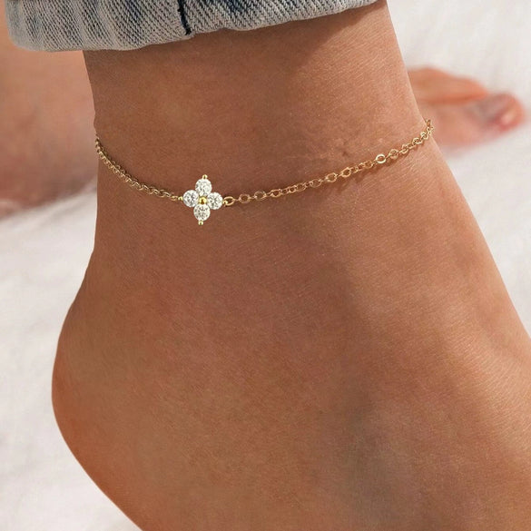 S925 Sterling Silver Women's Anklet Fourleaf Clover Pattern 18K Gold Plated Inlaid With Diamonds Light Luxury Style