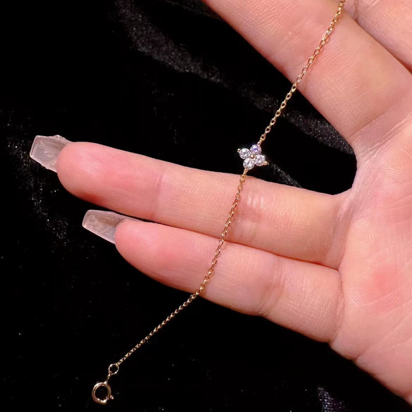 S925 Sterling Silver Women's Anklet Fourleaf Clover Pattern 18K Gold Plated Inlaid With Diamonds Light Luxury Style
