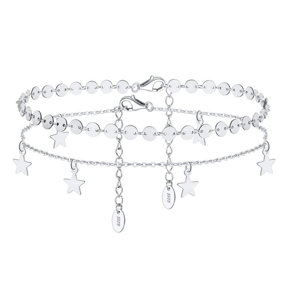 S925 Sterling Silver Women's Anklet With Star Flash O Chain And Disc Chain Simple Style With Letters Numbers Text Pattern