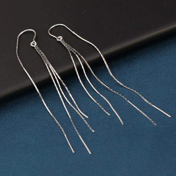 S925 Sterling Silver Women's Geometric Long Tassel Earrings Simple Elegant Lightweight Luxury Style