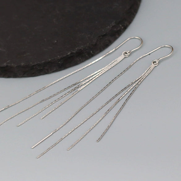 S925 Sterling Silver Women's Geometric Long Tassel Earrings Simple Elegant Lightweight Luxury Style