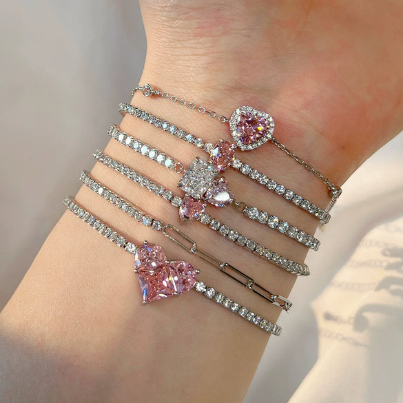 S925 Sterling Silver Women's Pink Heart Zircon Row Diamond Design Electroplated Tennis Bracelet