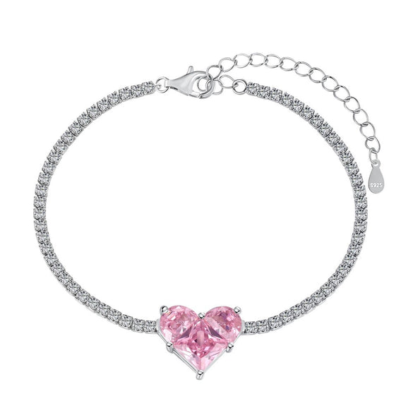 S925 Sterling Silver Women's Pink Heart Zircon Row Diamond Design Electroplated Tennis Bracelet