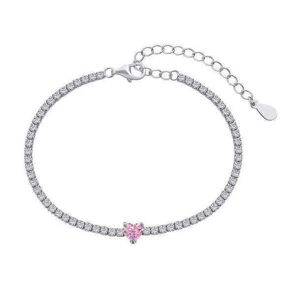 S925 Sterling Silver Women's Pink Heart Zircon Row Diamond Design Electroplated Tennis Bracelet